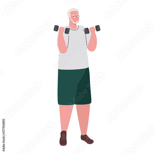 old man practicing exercise with dumbbells, sport exercise concept vector illustration design