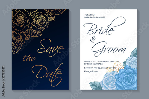 Modern floral luxury wedding invitation design or card templates for birthday greeting or certificate or poster with golden and blue roses on white and navy background.