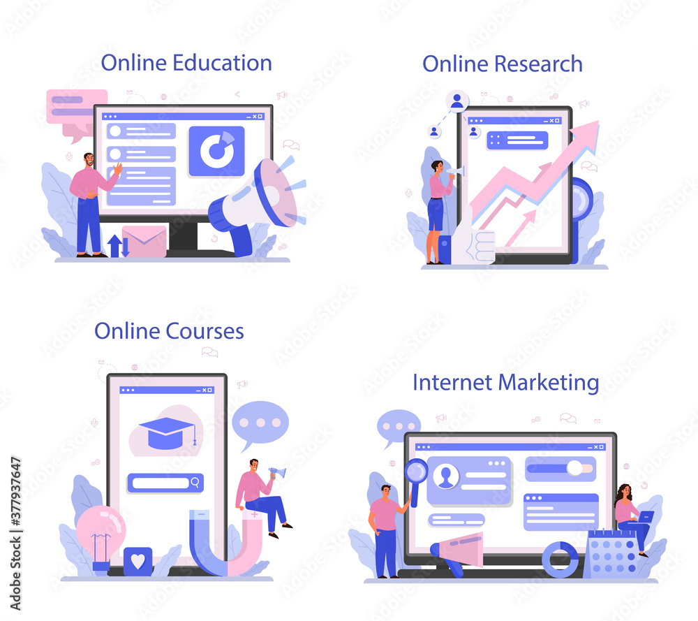 Marketer online service or platform set. Advertising and marketing Marketer online service or platform set. Advertising and marketing