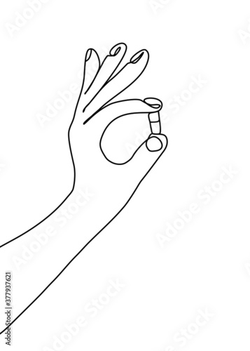 drawing line, the hand is picking up the pill