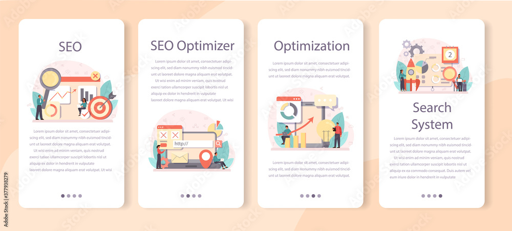 SEO optimizer mobile application banner set. Idea of search engine SEO optimizer mobile application banner set. Idea of search engine