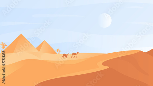 Egyptian desert nature landscape vector illustration. Cartoon flat desert scenic wild natural lands with sand dunes and camel caravan  mountain rocks sandstone wilderness scenery in Egypt background