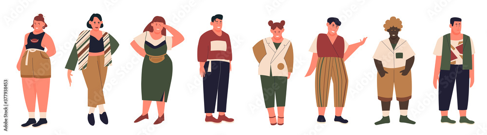 Plus size people vector illustration set. Cartoon flat collection with curvy fat young man woman in casual summer clothes, happy body positive overweight fat male female characters isolated on white