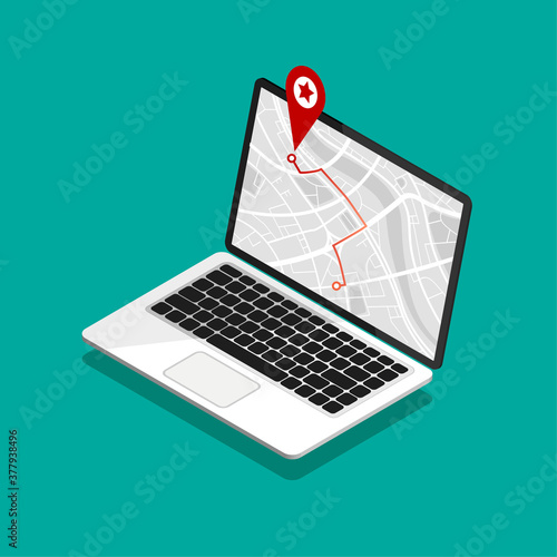 Isometric laptop with map navigation on a screen. GPS navigator with red pinpoint. City map with point markers. Vector illustration.	