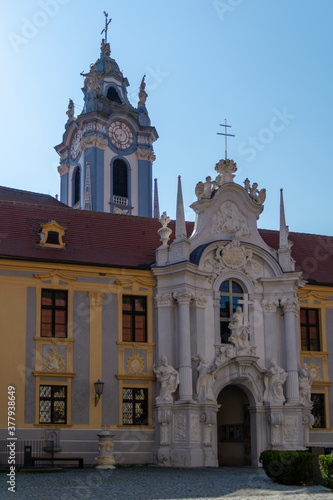 Baroque Court of the Durnstein abbey of the Augustinian Canons in the famous Wachau Valley in Austria