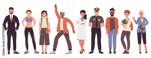 Different job or hobby people vector illustration set. Cartoon flat collection with man woman worker group of characters in uniform, businessman policeman doctor fitness trainer isolated on white