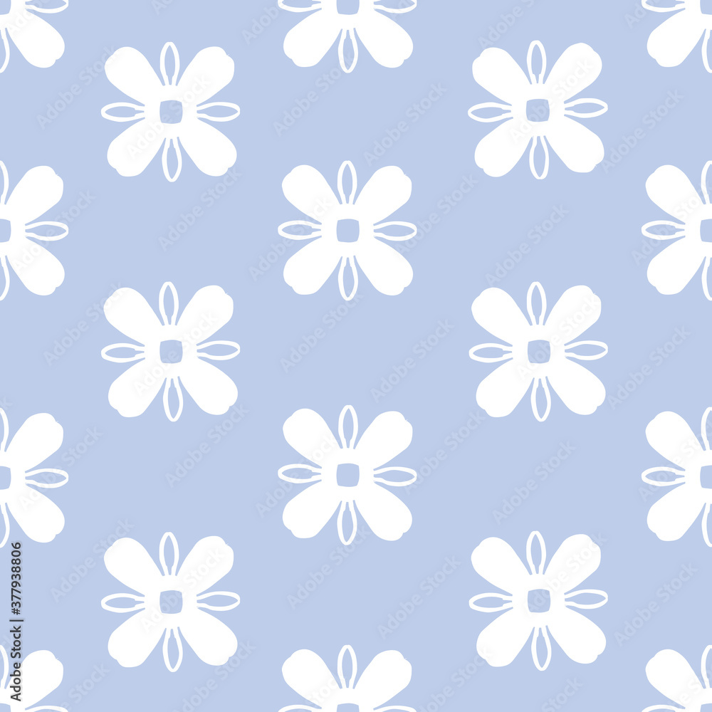 White flowers on blue seamless vector repeat pattern background.