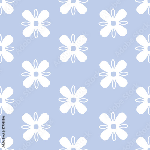 White flowers on blue seamless vector repeat pattern background.