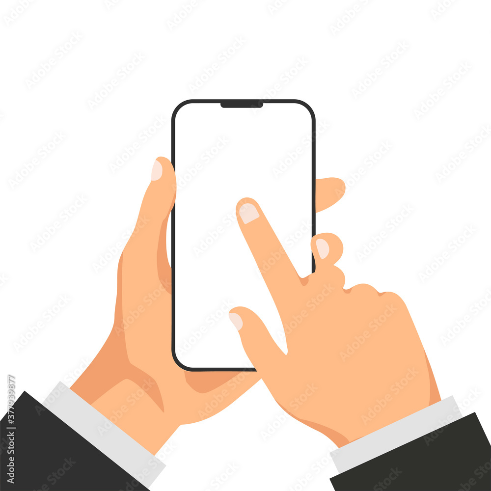 Hand holds phone with white empty screen. Template or mock up of smartphone with blank display. Man click on the smartphone display. Smart technology. Vector illustration. Hand holds phone with white empty screen. Template or mock up of smartphone with blank display. Man click on the smartphone display. Smart technology. Vector illustration.