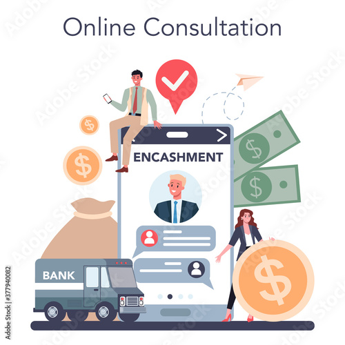 Encashment online service or platform. Armored cash truck