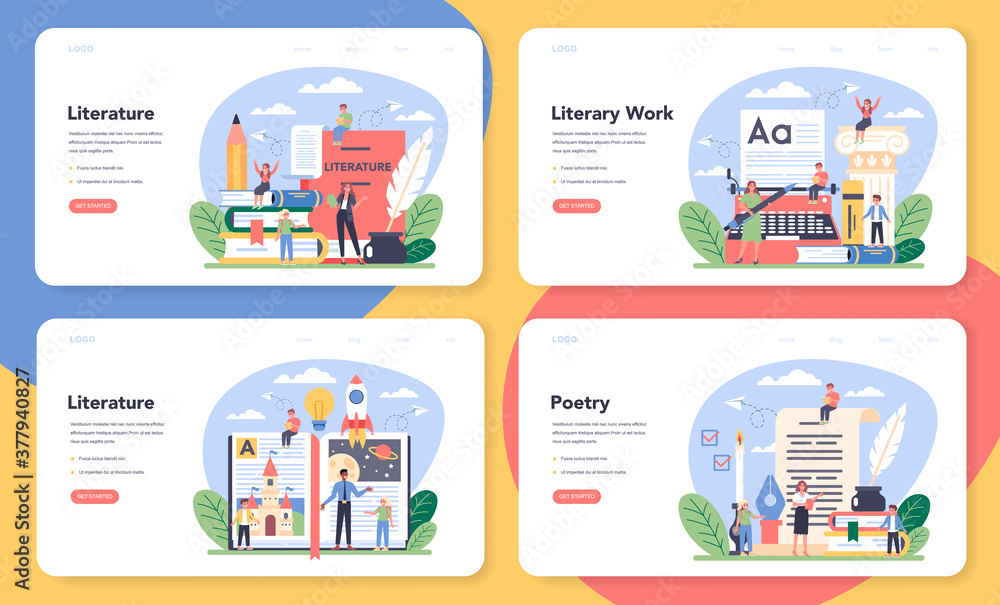 Literature school subject web banner or landing page set. Study