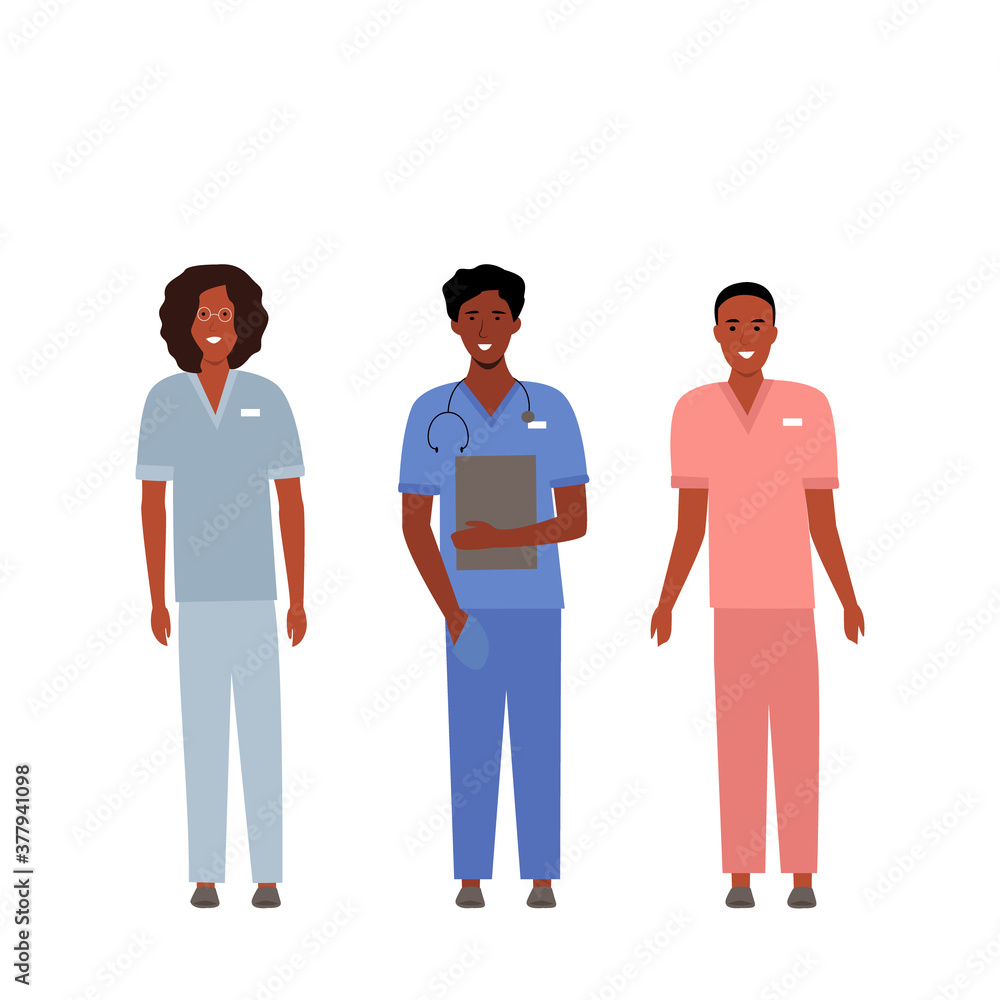 
Cartoon black doctors, paramedics and nurses on a white background. Hospital medical staff. Vector illustration in a flat style. medical equipment. Medical practice of young doctors.