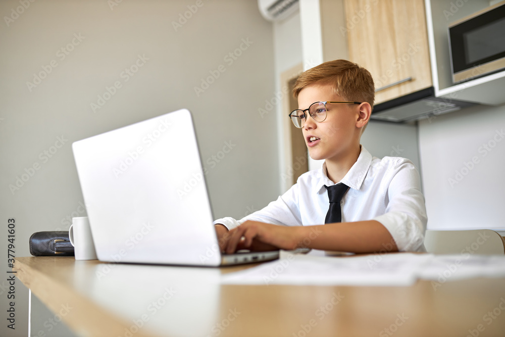 little boy hold online conference via webcam, sit looking at screen of laptop and talk, in formal wear little boy hold online conference via webcam, sit looking at screen of laptop and talk, in formal wear