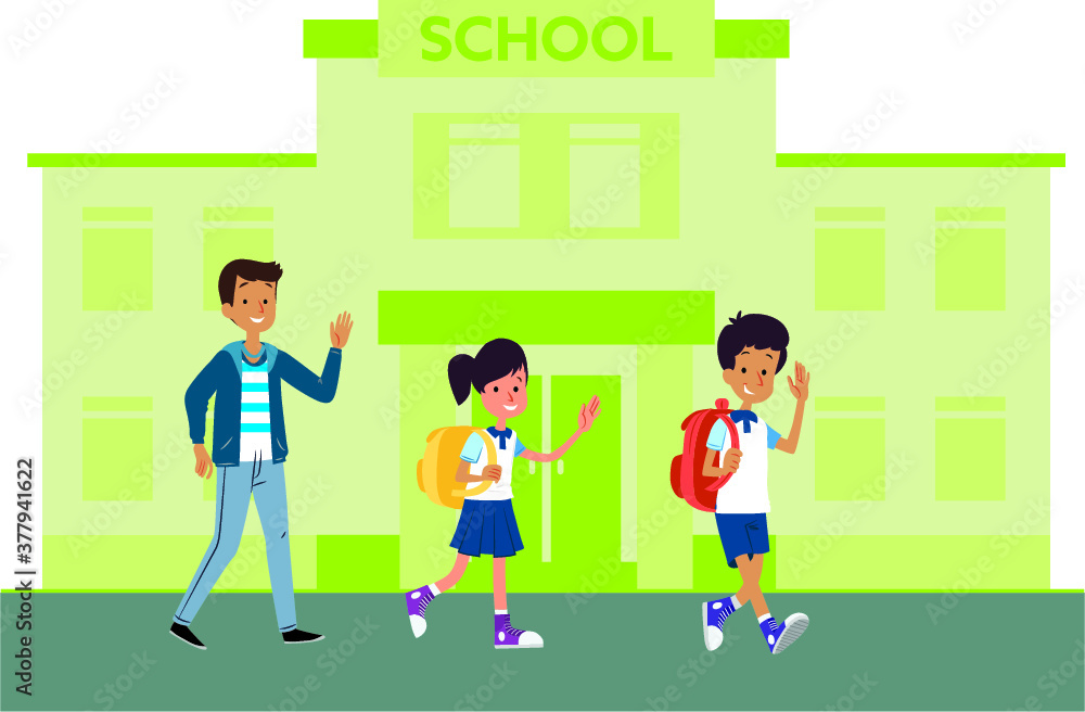 Social distancing at school after pandemic. Back to school concept after epidemic. Kids wearing face masks and maintaining safe distance. New normal scene for children.