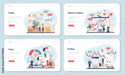 Trader, financial investment web banner or landing page set. Buy