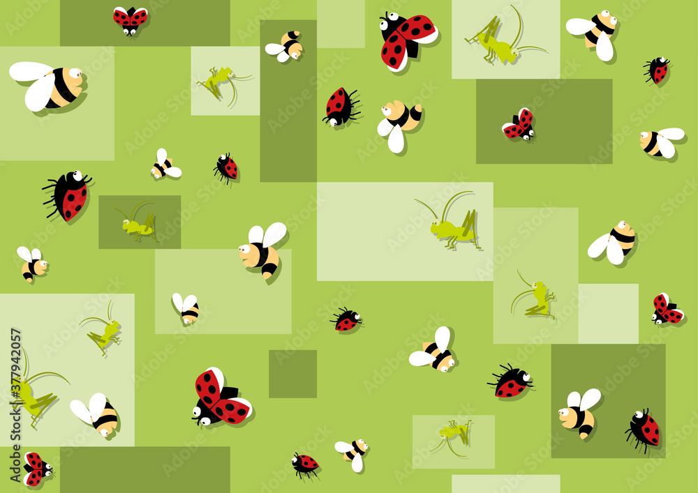 Seamless Baby Pattern with Bees and Beetles on Green Background ...
