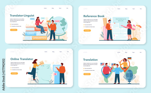 Translator and translation service web banner or landing page set.