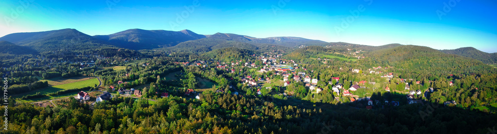 Aerial view of Karpacz city and the Karkonosze Mountains at summer, Poland