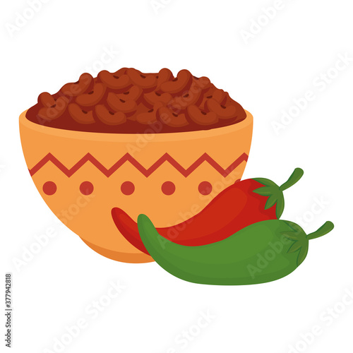 bowl with delicious beans and chili peppers on white background vector illustration design