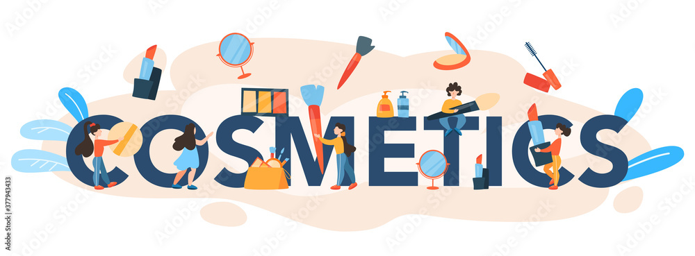 Cosmetics typographic header. Woman doing a beauty procedure Cosmetics typographic header. Woman doing a beauty procedure