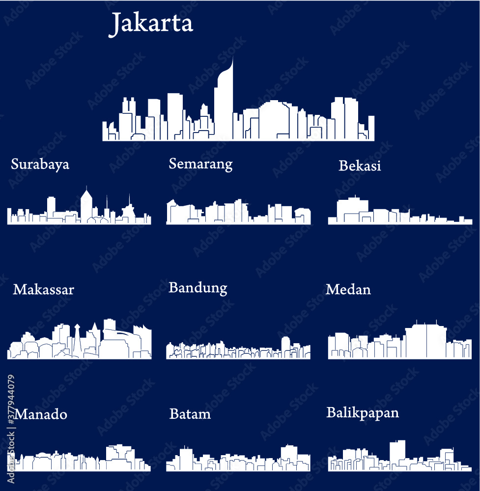 Set of 10 City silhouette in Indonesia ( Jakarta, Semarang, Bekasi, Makassar, Surabaya, Bandung, Medan, Manado, Balikpapam, Batam )