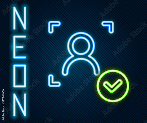 Glowing neon line Face recognition with check mark icon isolated on black background. Face identification scanner icon. Facial id. Cyber security concept. Colorful outline concept. Vector.