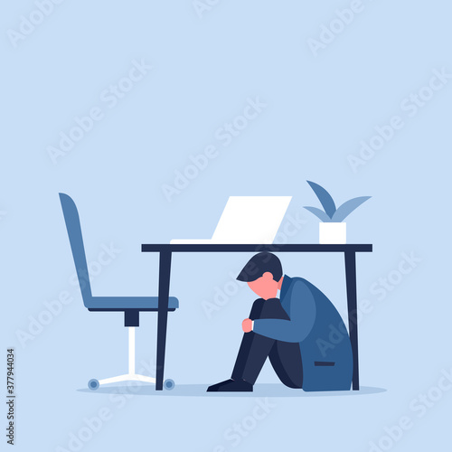 Office worker hiding under desk illustration. Clipart image.