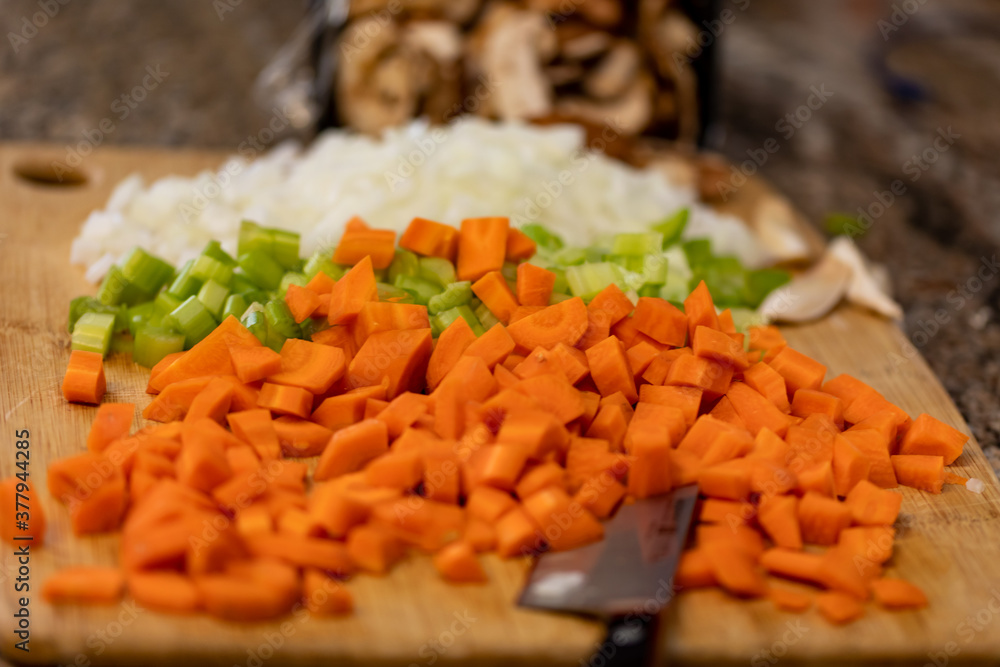 Mirepoix for cooking made with carrots, onions and celery Mirepoix for cooking made with carrots, onions and celery