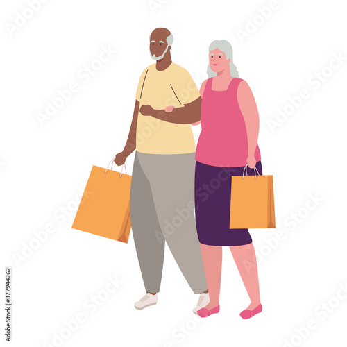 cute old couple with bags shopping on white background vector illustration design