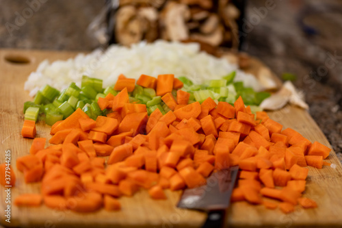 Mirepoix for cooking made with carrots, onions and celery