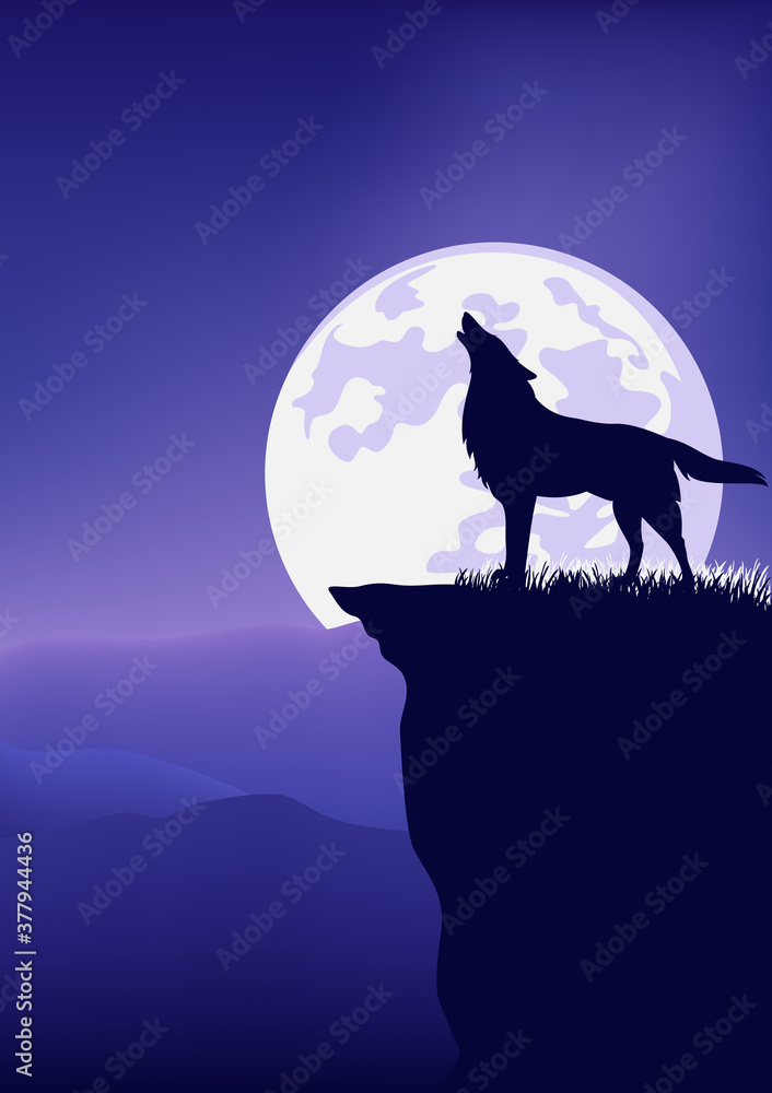 lonely wolf standing on high cliff and howling against full moon  disk - wild nature night scene vector landscape