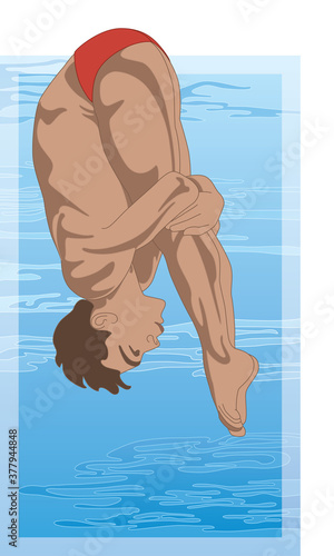 diver, male in pike diving position with swimming pool in the background