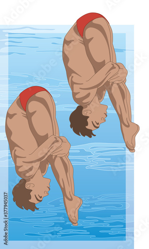 divers, male in synchronized pike diving position with swimming pool in the background