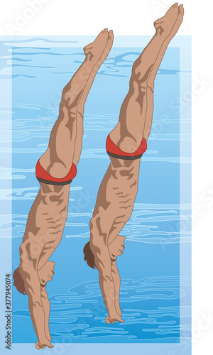 divers, male in synchronized straight diving position with swimming pool in the background