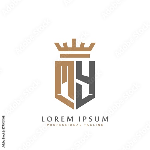 Premium MY Monogram of Two letters M&Y. Elegant gold shield initials and crown geometric old retro graphic logo design. alphabet vector elements stock illustration
