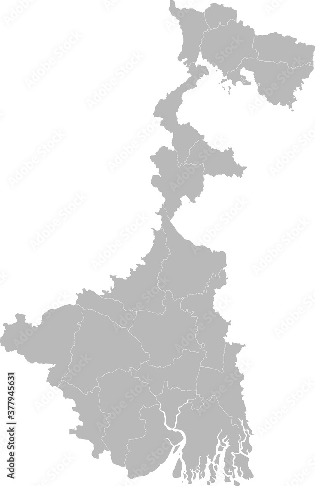 West Bengal districts map. Indian state. Gray background.