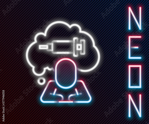 Glowing neon line Addiction to the drug icon isolated on black background. Heroin, narcotic, addiction, illegal. Sick junkie with a syringe and medical pills. Colorful outline concept. Vector.