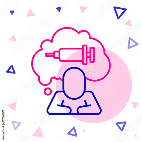 Line Addiction to the drug icon isolated on white background. Heroin, narcotic, addiction, illegal. Sick junkie with a syringe and medical pills. Colorful outline concept. Vector.