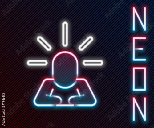 Glowing neon line Depression and frustration icon isolated on black background. Man in depressive state of mind. Mental health problems. Colorful outline concept. Vector.