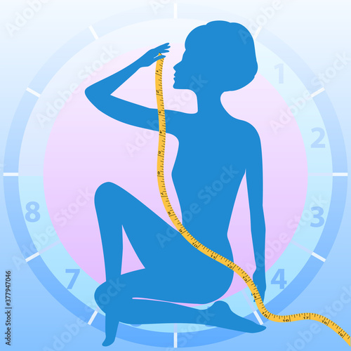 Intermittent fasting diet - 16 to 8 hours. female image, measuring tape - vector.