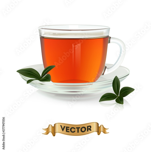 Cups of tea with green leaves on white background