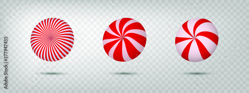 Christmas round candy set. Striped peppermint candies caramel without the wrapper. Realistic isolated vector illustration