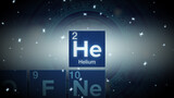 Close up of the Helium symbol in the periodic table, tech space environment.