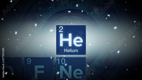 Close up of the Helium symbol in the periodic table, tech space environment.