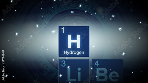 Close up of the Hydrogen symbol in the periodic table, tech space environment.