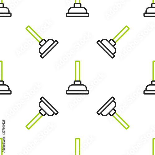Line Rubber plunger with wooden handle for pipe cleaning icon isolated seamless pattern on white background. Toilet plunger. Vector.