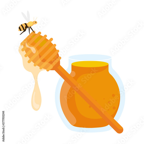 jar and honey dipper stick and bee, on white background vector illustration design