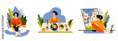 Set of women spend time at home. Women eating food, painting,spending time in a greenhouse.Modern flat vector illustration in trendy style.