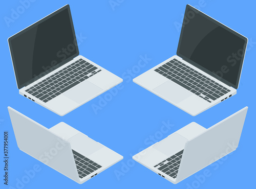Isometric Laptop computer realistic illustration isolated on blue background. Realistic vector mockup. Office desktop on white background