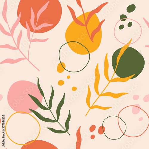 Vector seamless pattern with abstract shapes and leaves. Abstract modern tropical pattern. For wallpaper  textiles  fabric  paper.